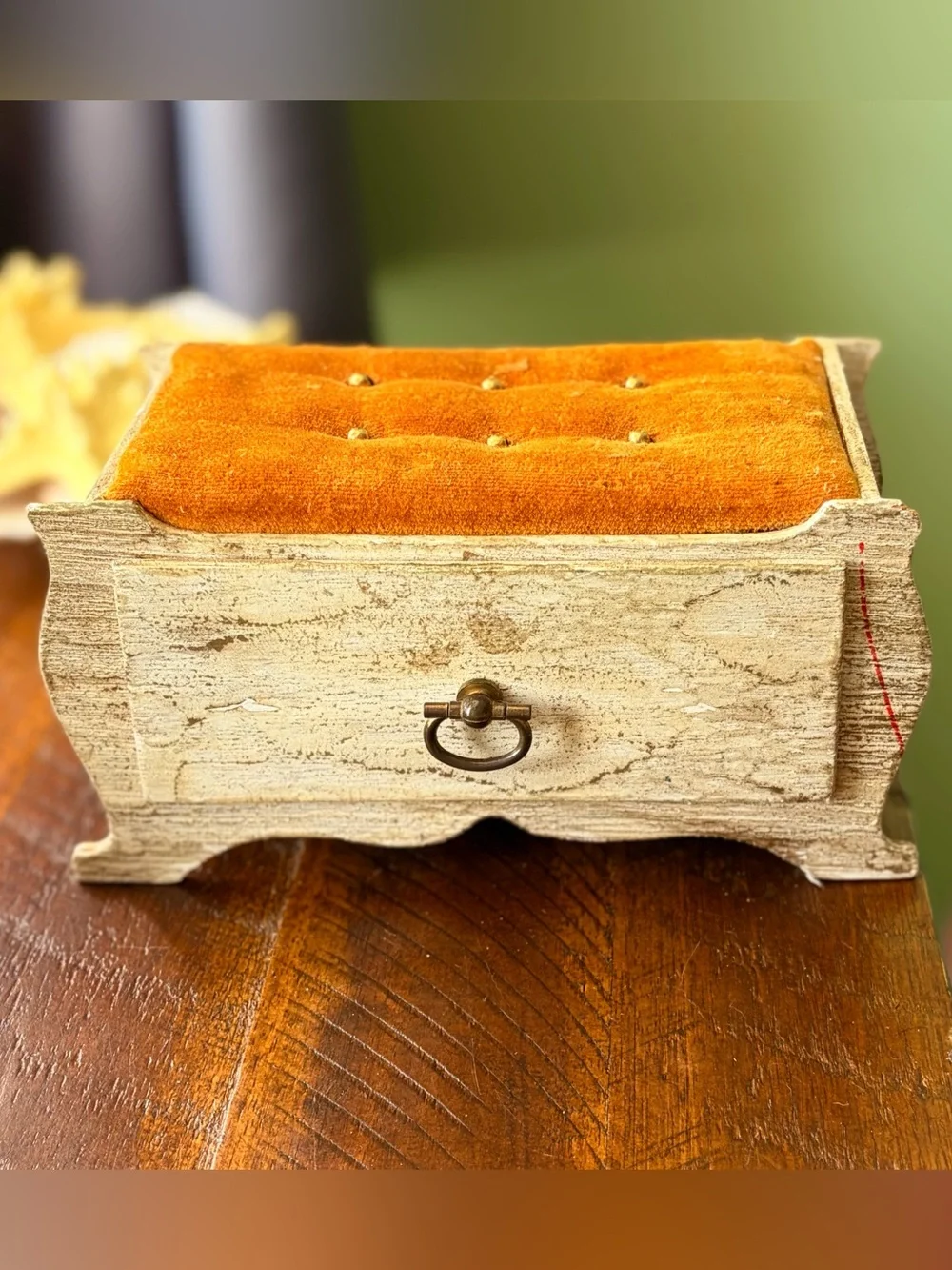 Handmade Rustic Wood Pin Cushion with Drawer Organizer Orange Velvet Top